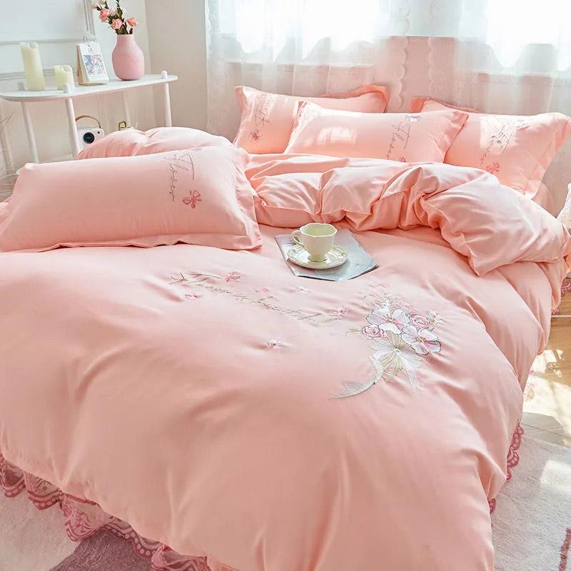 

4 шт./комплект вышитый подзор для кровати комплект из четырех предметов кружевная простыня матовое одеяло чехол простой высококачественный комплект постельного белья удобный домашний текстиль Queen 4 pcs розовый
