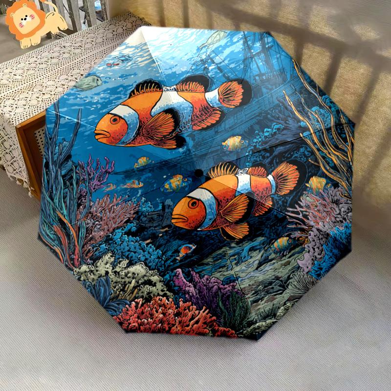 1 Stück Automatischer Faltregenschirm - Clownfisch-Muster, Tragbares & Faltbares Design mit 8 Speichen, Weihnachts-Geburtstagsgeschenke