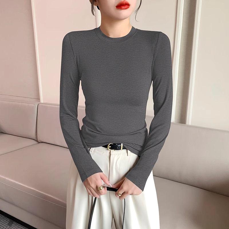 Women's Black Modal Crew Neck Long Sleeve Base Layer Top - Slim Fit, Low Neck Design for 2025 Autumn/Winter