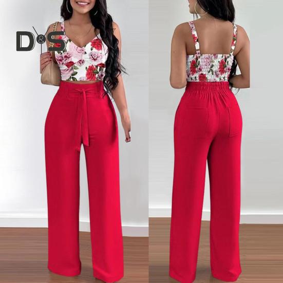 Summer Two Piece Outfits for Women Sleeveless V-neck Halter Tank Top Wide Leg Pants Set Summer Casual Floral Print Matching Suit