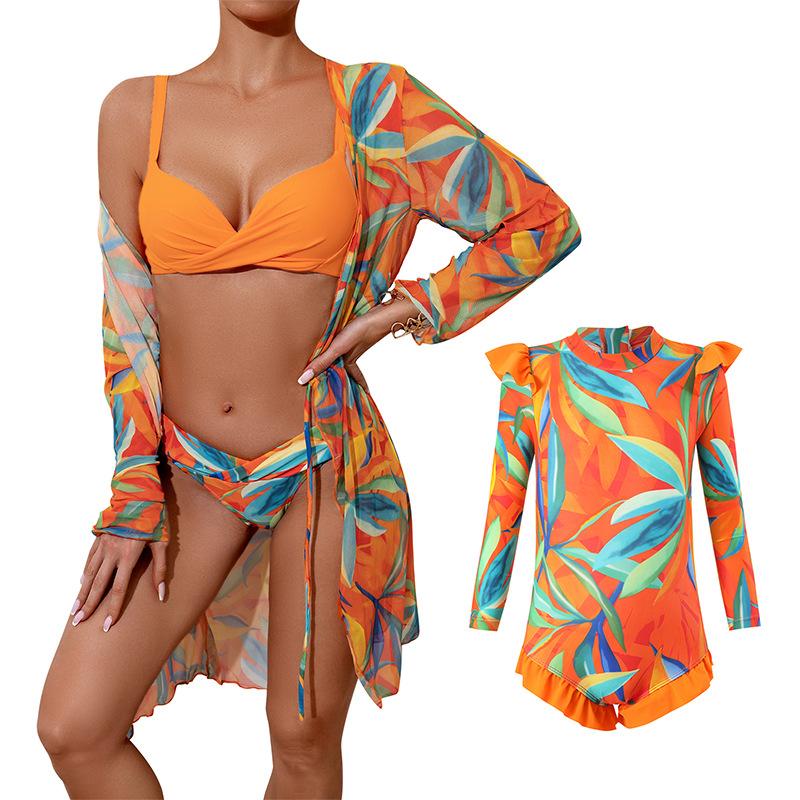 

New parent-child swimsuit blouse, long-sleeved sunscreen, nylon hard bag, three-piece bikini, bikini, and swimsuit. one-size (blouse)