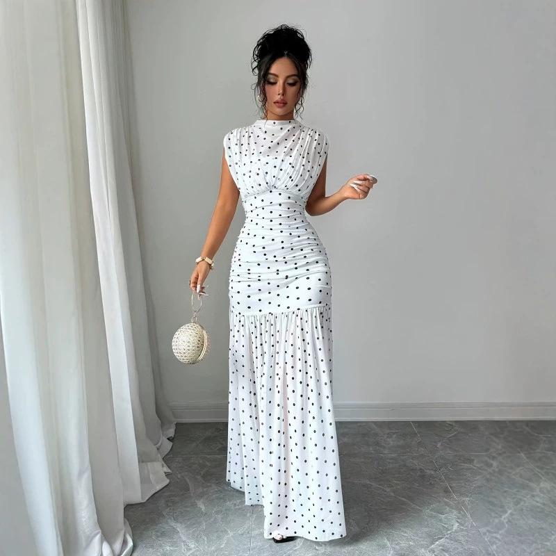 European and American women's summer fashion and elegance polka dot printing chest folds waist sleeveless long dress women