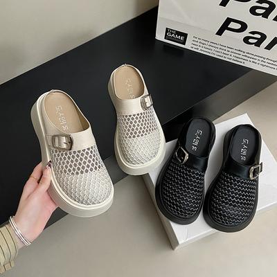 Baotou New Woven One Pedal 2025 Baotou Half Slippers Thick-soled Slippers Hollow Muffin Retro Cool Slippers Women