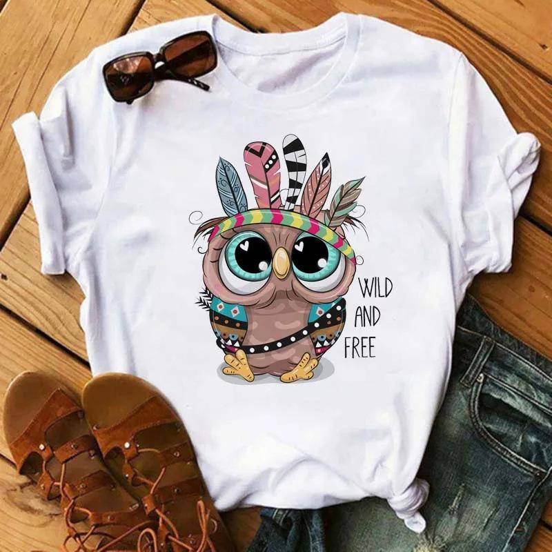 

Cartoon owl print T-shirt women s kawaii pattern shirt casual short sleeve black women s T-shirt XXL