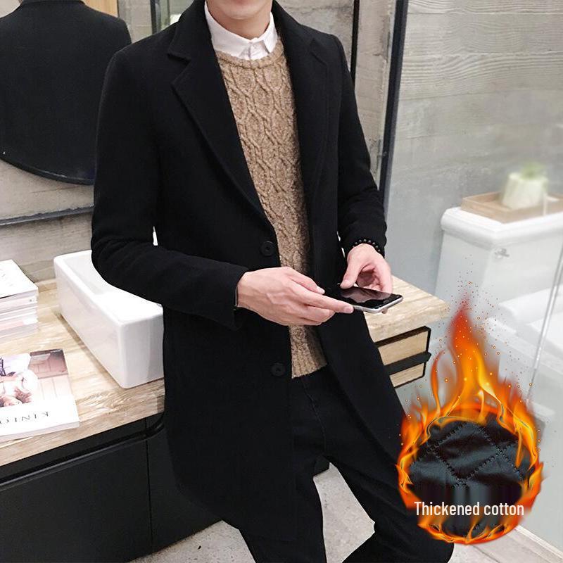 Men's Autumn Winter Wool Trench Coat, Korean Style Slim Fit, Mid-Length, Thickened for Warmth
