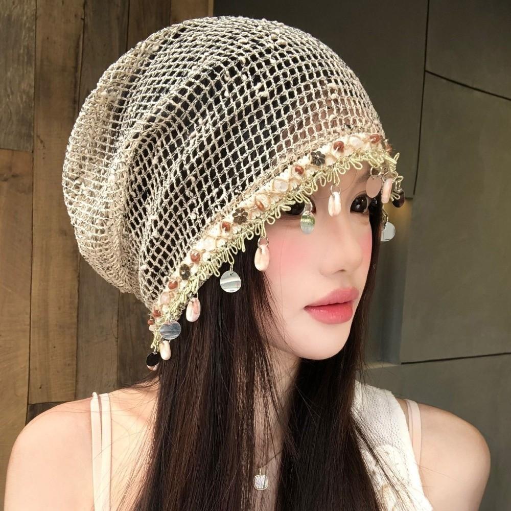 Lightweight Shell Charm Wrap Beanie Large Head Size Breathable Hollow Out Slouchy Hat Thin Pullover Design Fringe Skullcap Beach