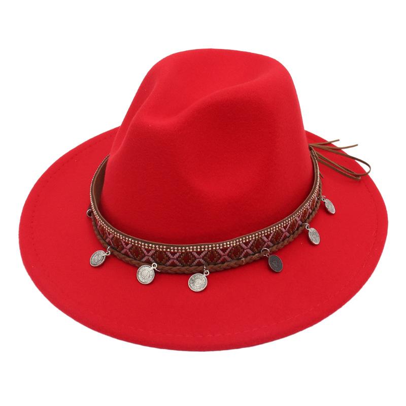Ethnic Topper Hat Imitation Silver Accessories Felt Hat Jazz Hat Big Brim Stage Performance Hat