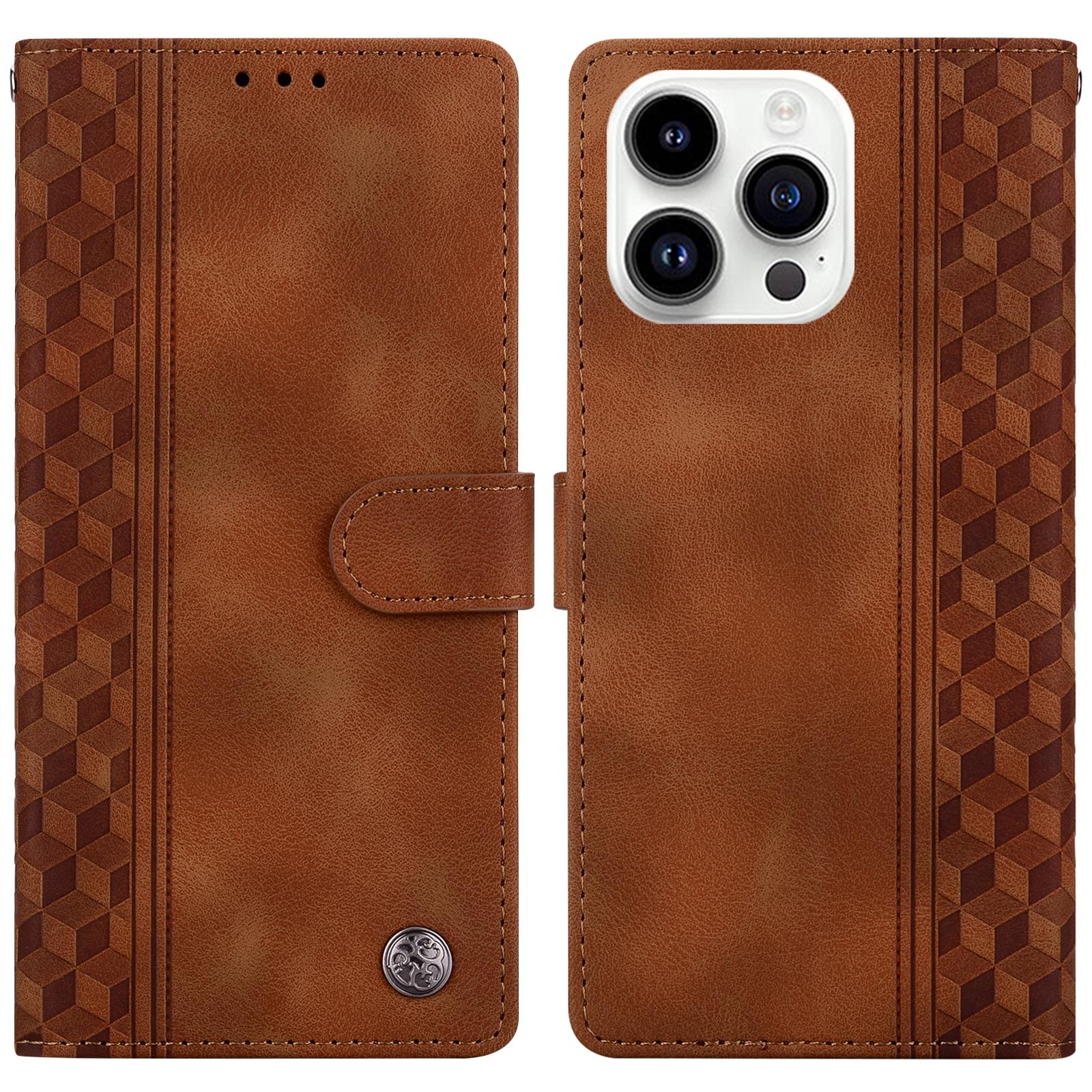 

For iPhone 16 Pro Leather Case Imprinted Checkered Pattern Wallet Stand Flip Phone Cover Brown