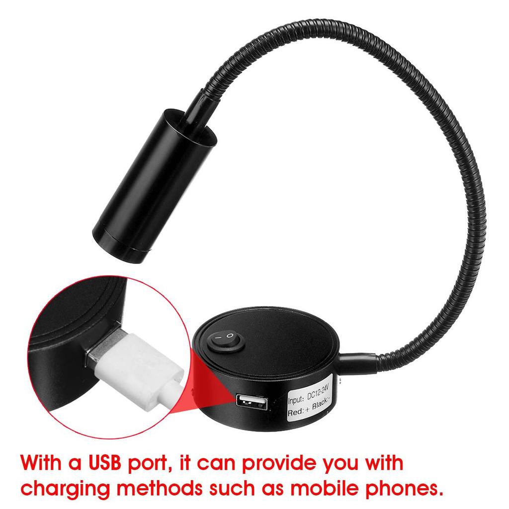 RV Barco LED Luz de Leitura Flexível Gooseneck Lâmpada de Parede DC12V 24V Para Caminhão Motorhome Iates Cabine Com Porta de Carregador USB