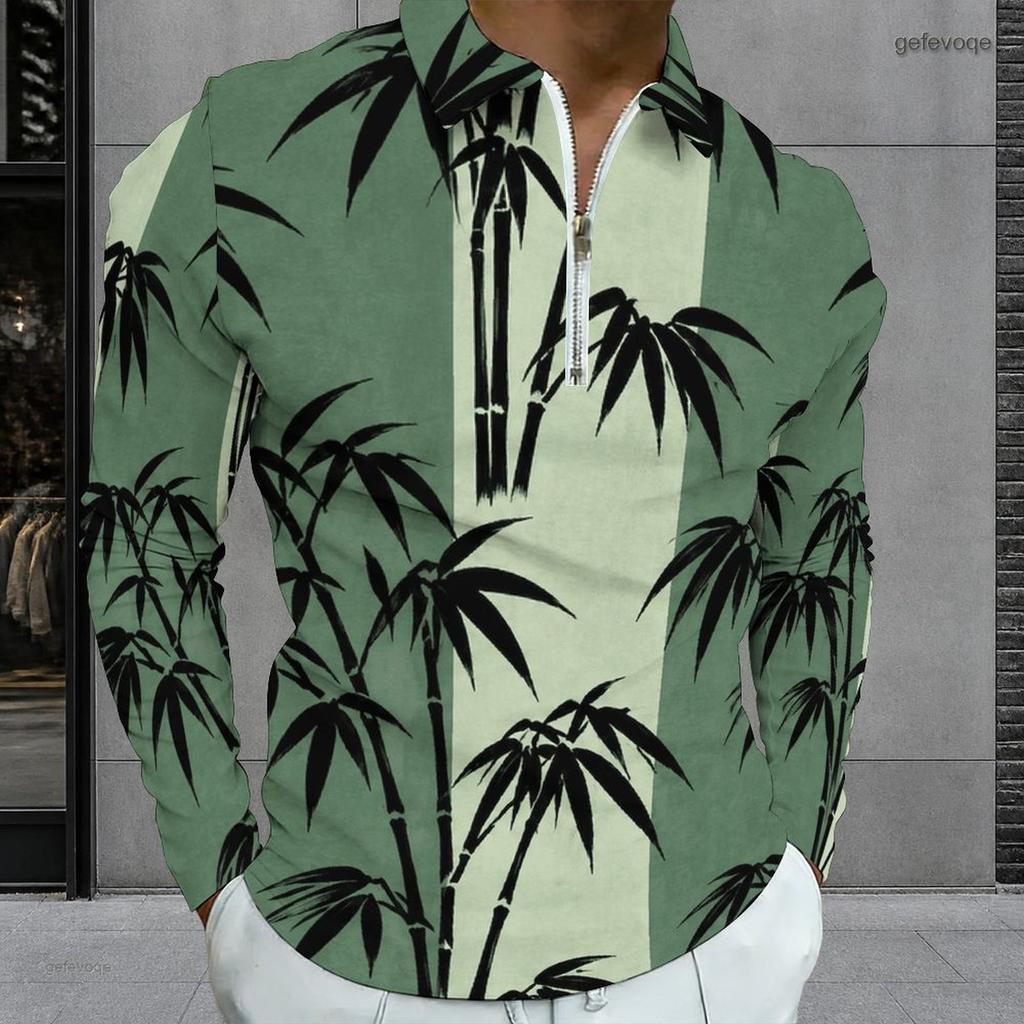 Men s Plus Size Quarter Zip Long Sleeve Collared Tropical Floral Printed Polo Shirt With Side Pockets