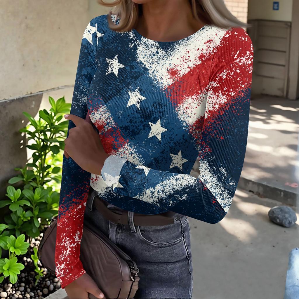 Women's Casual Fashion Round Neck Independence Day Print Long Sleeve Ribbed Top