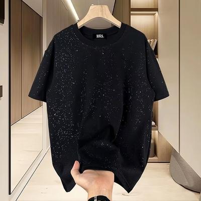 Yaz Erkek Moda Bol Payetli Yuvarlak Yaka Kısa Kollu Tişört