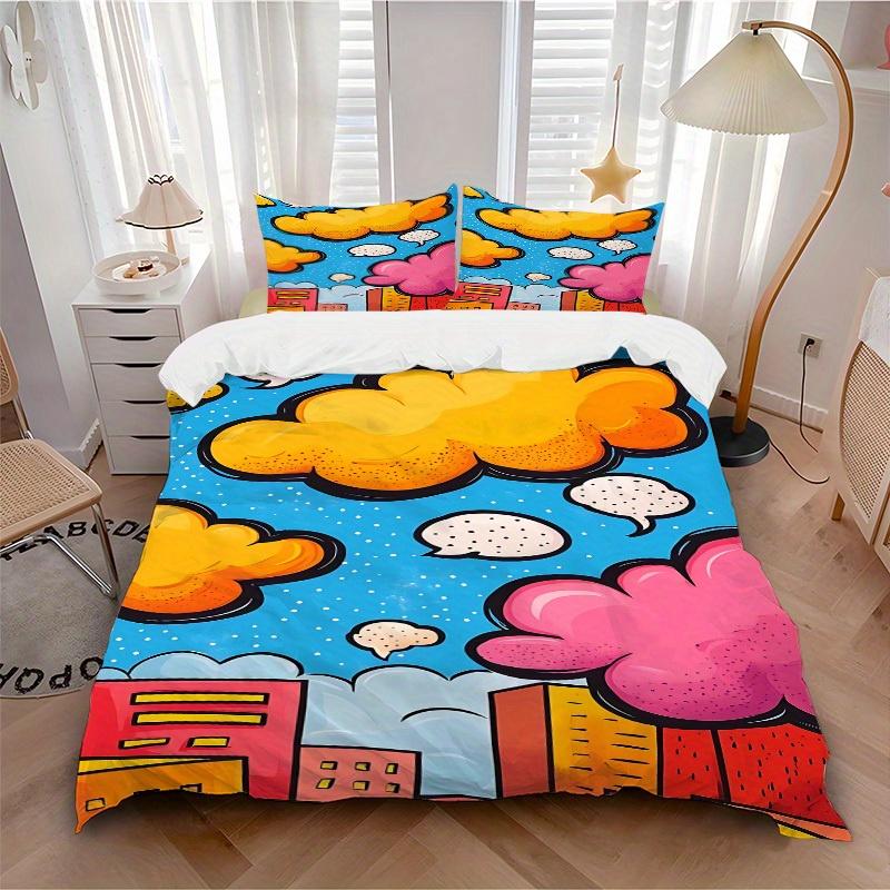 3Pcs Comic Book Clouds Printed Bedding Set, Breathable And Soft, Machine Washable, Christmas Gift, Suitable for Bedroom Decoration, 15200