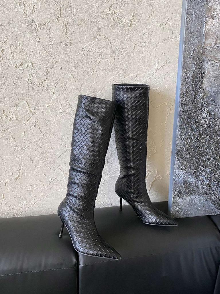 2025 Autumn and Winter New Woven Pointed Thin Heel High Tube But Knee Boots Fashion High Heel Short Boots Women