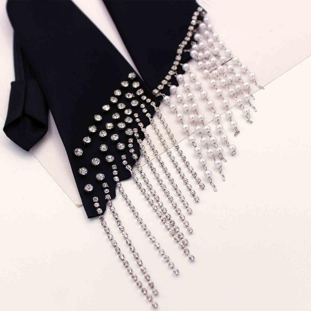 JK Necktie with Rhinestones Fringed for Women Girl Adjustable Neck Tie Collage Student Uniform Nightclub Dress Up Necktie