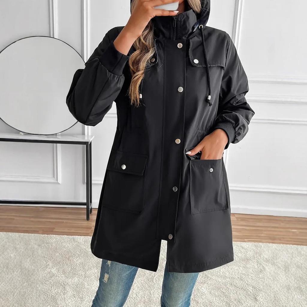 European and American Women's Clothing Elegant Casual Drawstring Waist Hooded Zipper Jacket Long Trench Coat