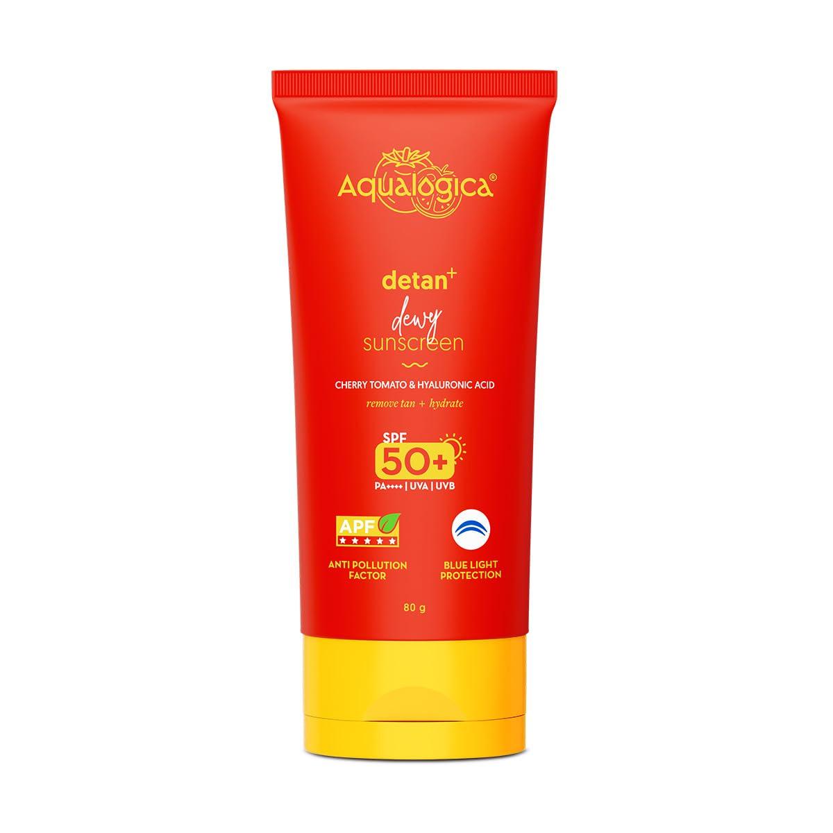 

Aqualogica Detan+ Dewy Sunscreen SPF 50+ PA++++ with Cherry Tomato & HA - 80 g | Broad Spectrum SPF 50+ PA++++ | UVA/B & Blue Light Protection |