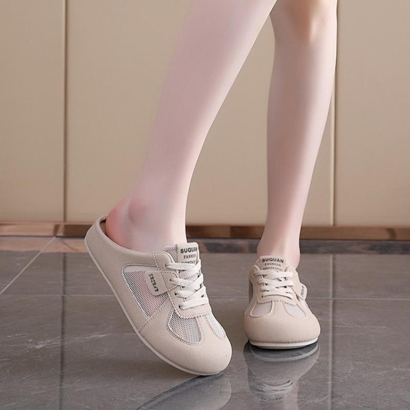 Fashion Women's Shoes Fashion Mesh Breathable Flat Shoes Non Slip Round Toe Outdoor Women's Lace Up Baotou Half Slipper Sandalias Mujer
