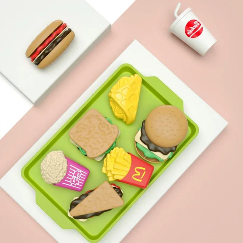 9 PCS Detachable Plastic Hamburger Pretend Toy Fast Food Play Set for Kids with Hamburger Fries Coke Sandwich Popcorn and Tray