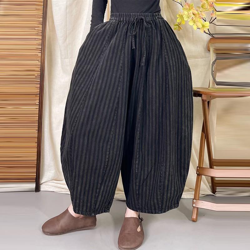 Cotton Linen Casual Pants Women Autumn Vintage Style Striped Female High Waist Harem Pants