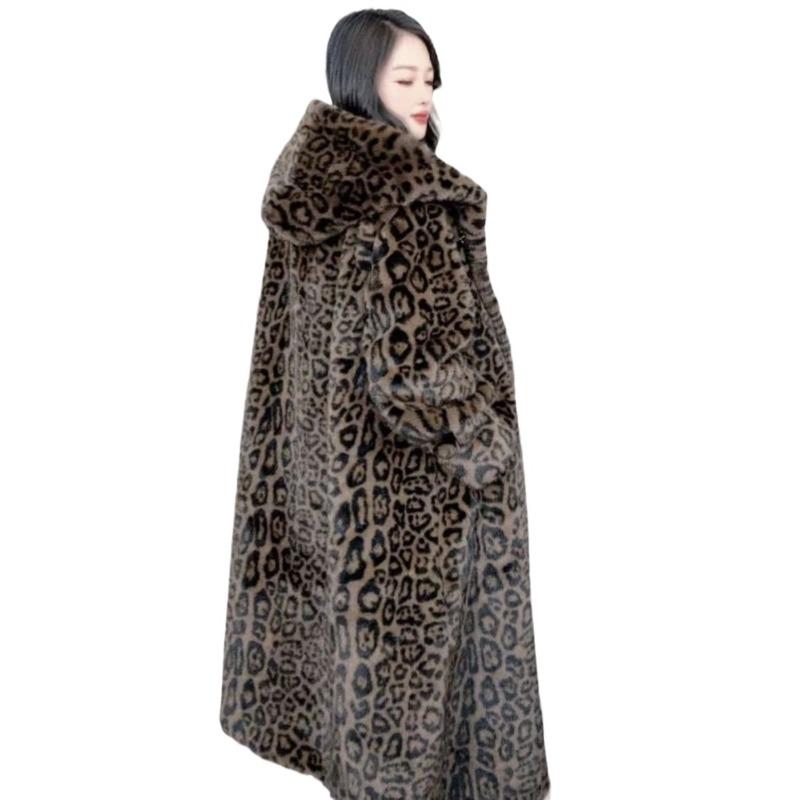 Autumn and Winter New Hooded Hairy Imitation Mink Fur Leopard Print Extended Loose Coat
