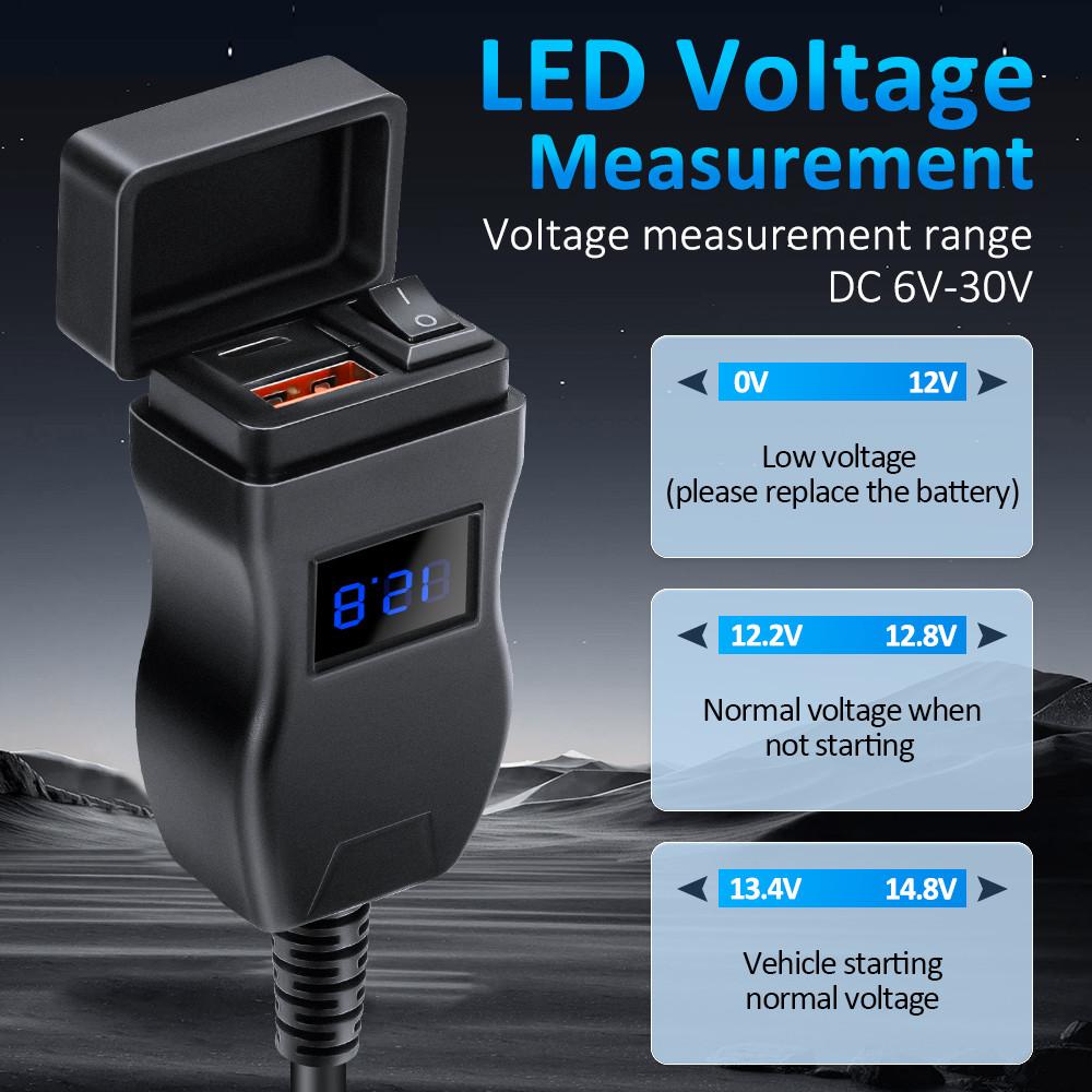 Motorcycle Battery Monitor USB Charger 6V-30V LED Voltmeter QC3.0 PD20W Safety
