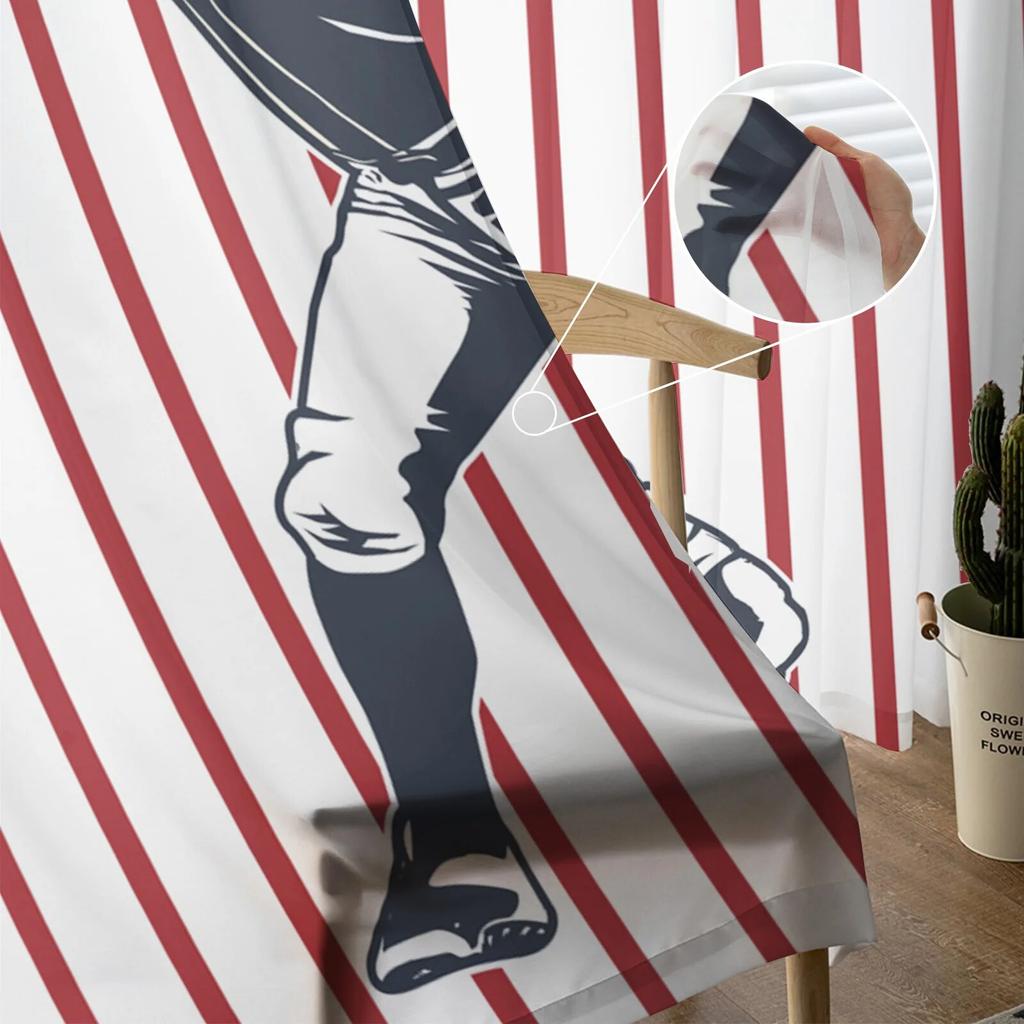 Red Stripes American Baseball Modern Printed Tulle Curtains for Bedroom Balcony Window Decor Creative Fashion Home Sheer Curtain