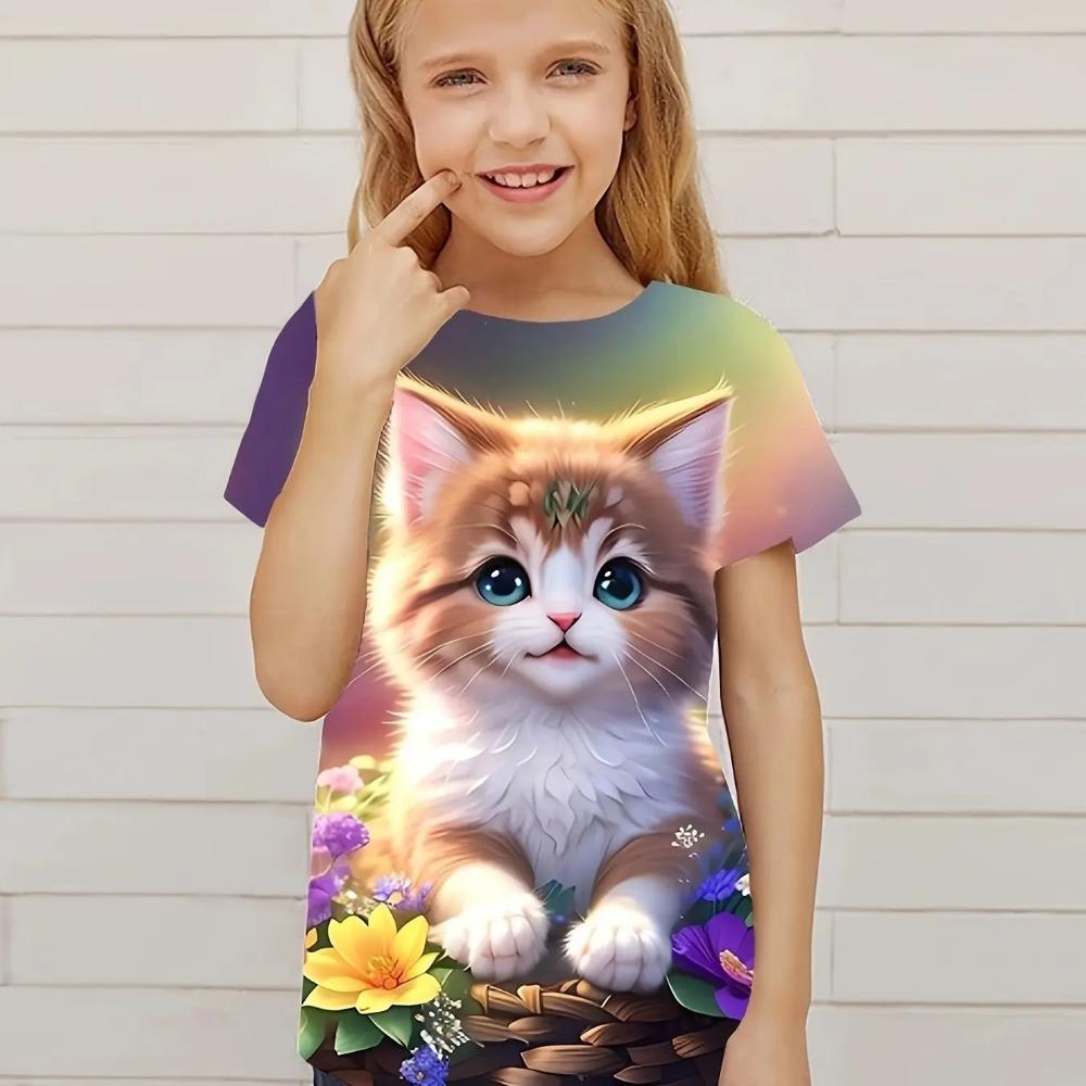 Children's clothing cute 3D cat pattern printed short sleeved top Children's clothing T-shirt casual pullover Children's boys and girls summer