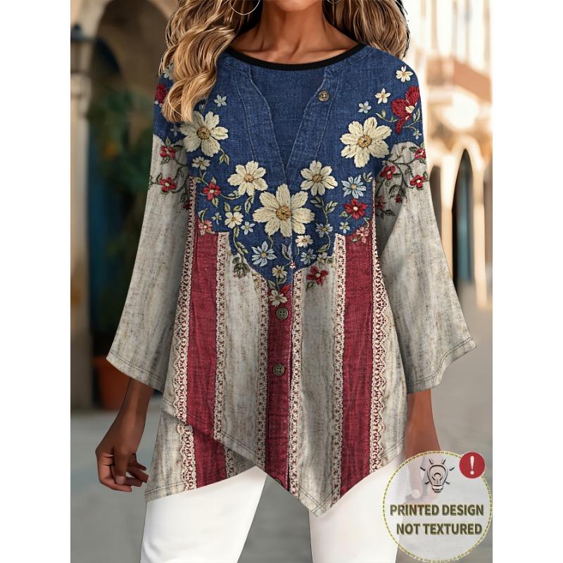 Round neck imitation embroidery print, cross hem asymmetrical women s round neck three-quarter sleeve T-shirt spring and summer holiday gift S