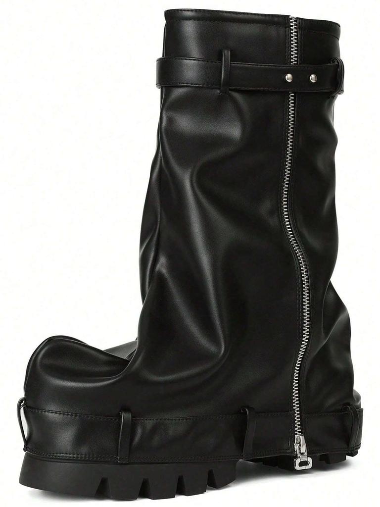 Doratasia Fashion Women Fold Over Boots Chunky High Heels Mid Calf Platform Punk Gothic Fashion Metallic Motorcycle Shoes Woman