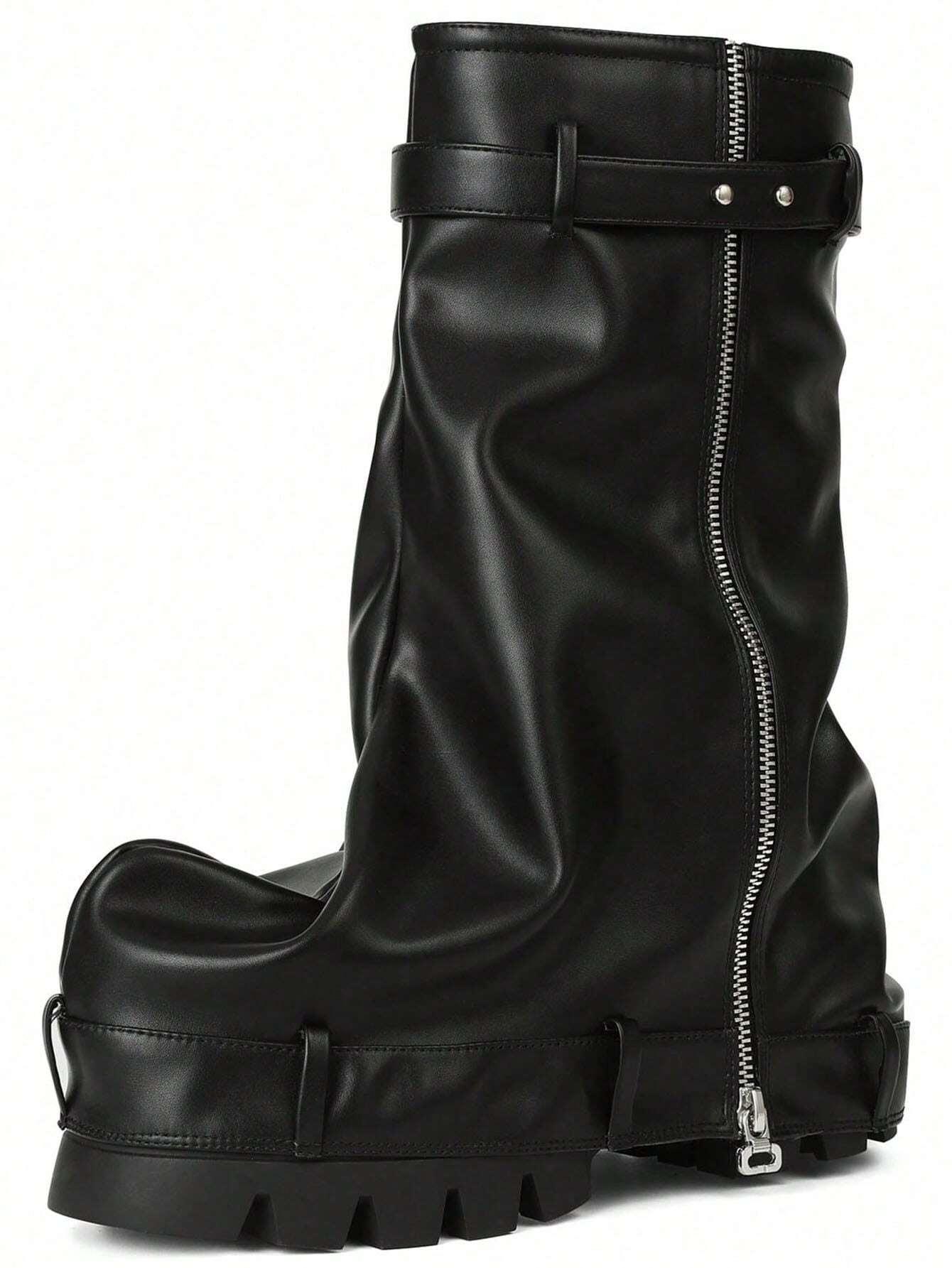 

Doratasia Мода Женские Ботфорты с Отворотом на Толстом Высоком Каблуке до Середины Икры Платформа Панк Готика Мода Металлические Мотоциклетные Ботинки Женские 43