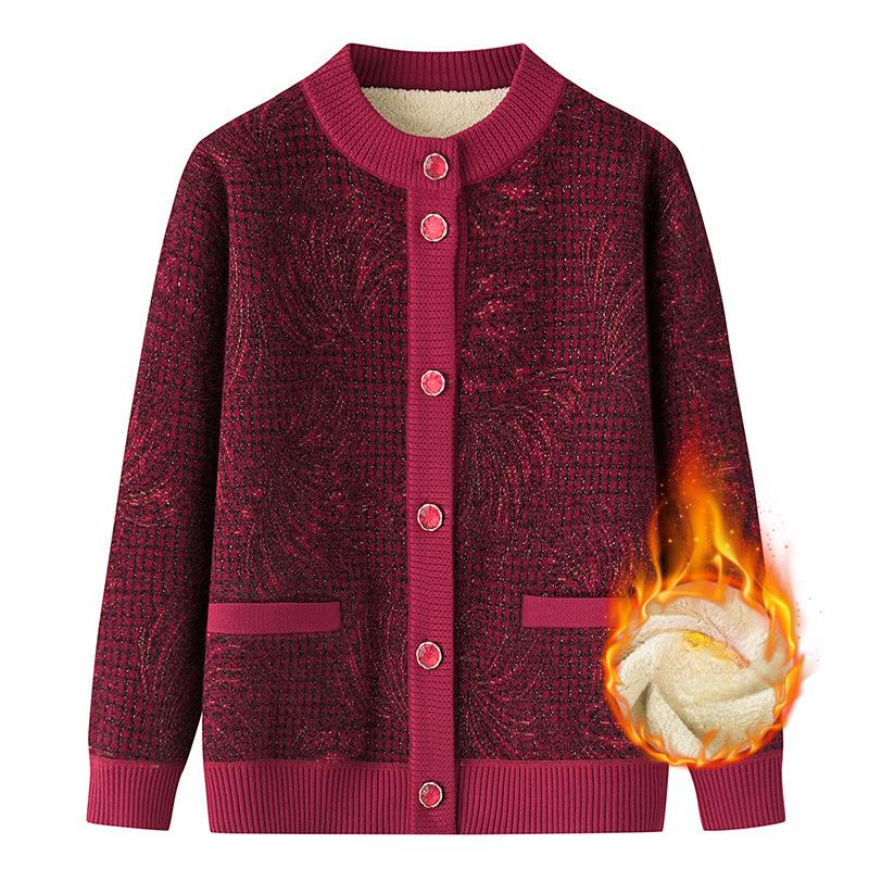 Middelaldrende og Eldre Varmt Tøy Genser Dame Bestemor Høst og Vinter Pluss Fløyel Tykk Jakke Mor Strikkejakke Vinter