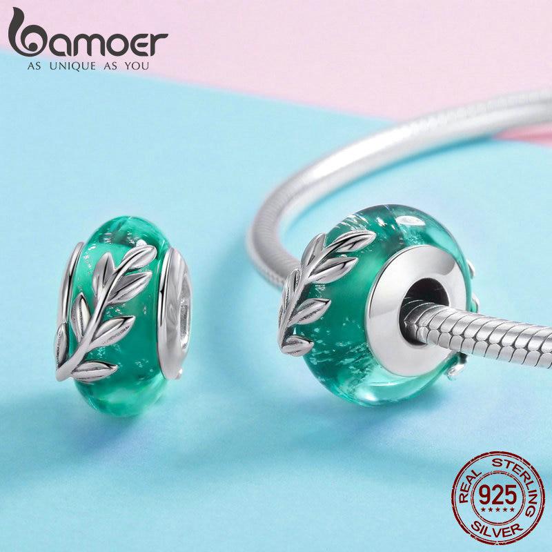 BAMOER Genuine 925 Sterling Silver Tree Leaves Green Leaf Murano Glass Beads Fit Charm Bracelets