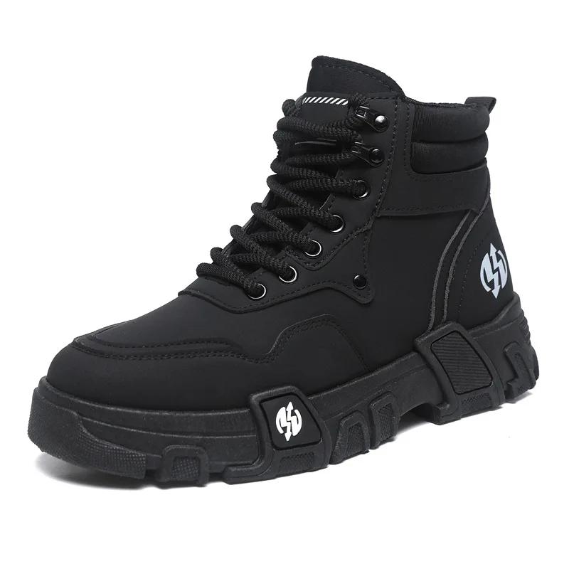 

Модные мужские кожаные короткие ботинки, модные универсальные мотоциклетные ботинки, мужские осенние дышащие повседневные высокие ботинки на шнуровке, hombre 44 чёрный