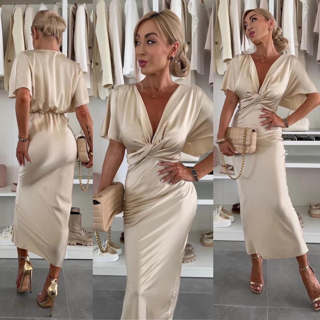 2025 Spring/Summer Satin Twist Bust Batwing Sleeve Dress for Women