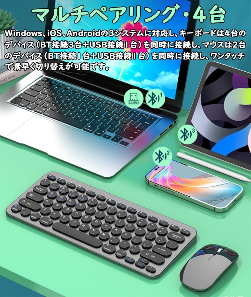 Keyboard and Mouse Set with Bluetooth and USB Rechargeable Keyboard with US for and Android Multi-Pairing, 4-Device Connections, Wireless, Tenkeyless,