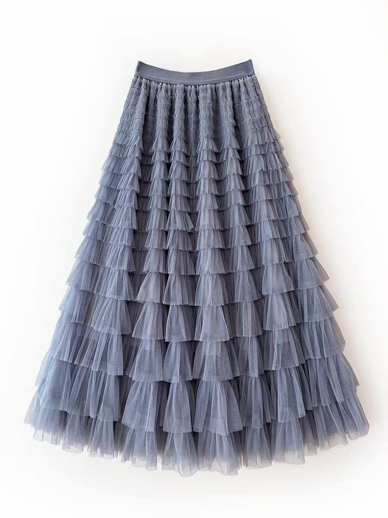 Women's High Waist Layered Tulle Midi Skirt – Autumn/Winter Pleated Puffy Mesh Skirt