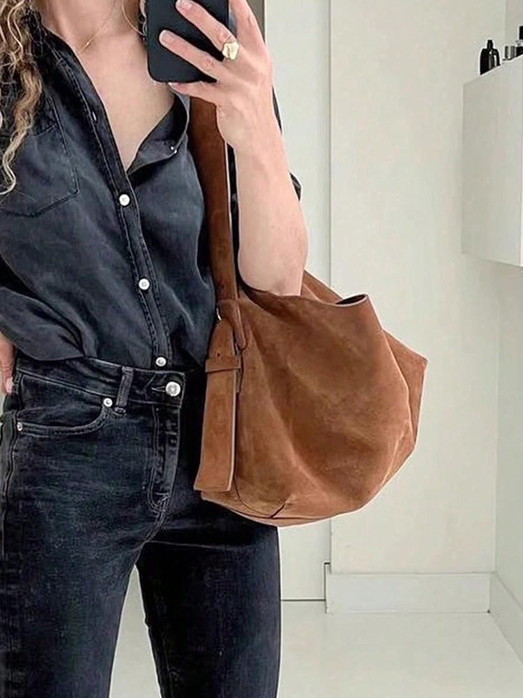 Borsa a Spalla Marrone di Grande Capacità Autunno Inverno Nuova Borsa Retro da Sottobraccio Tempo Libero Quotidiana da Pendolare Borse a Secchiello da Donna