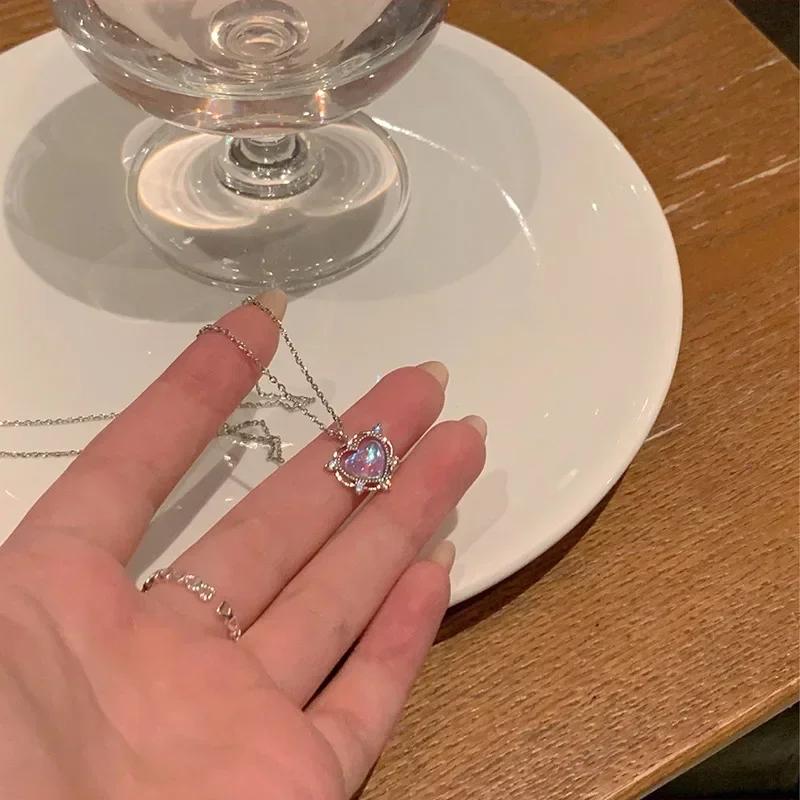 Cute Sweet Pink Bow Necklace Ladies Fashion Sparkling Rhinestone Heart Shape Pendant Clavicle Chain Delicate Wedding Accesories