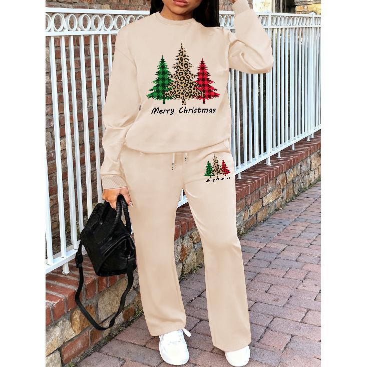 Women's Crewneck Sweatshirt & Drawstring Straight-Leg Pants 2-Piece Set, Printed Women's Outfit, Fall/Winter Sweatshirt Suit