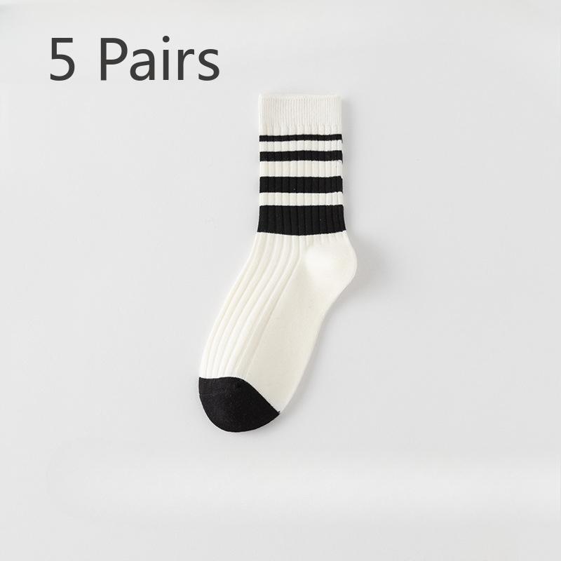 5 Pairs of Female Spring and Autumn Black and White Striped Cotton Anti Beriberi Deodorant Tube Socks