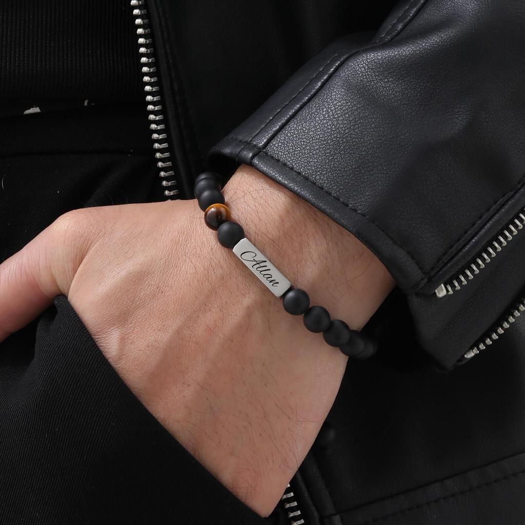 Personalized Beaded Bracelets for Men Boys,Adjustable Nartual Stone Stainless Steel Name Bar Wristband,Father Boyfriend Gifts