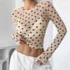 Womens Polka Dots Long Sleeve Mesh Tops Sexy See Through Sheer Blouses Shirts Going Out Crop Top Y2K Date Night Club Party Tops