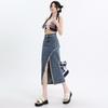 2024 Spring/Summer Women's High-Waist A-Line Denim Midi Skirt with Front Slit and Retro Raw Edge