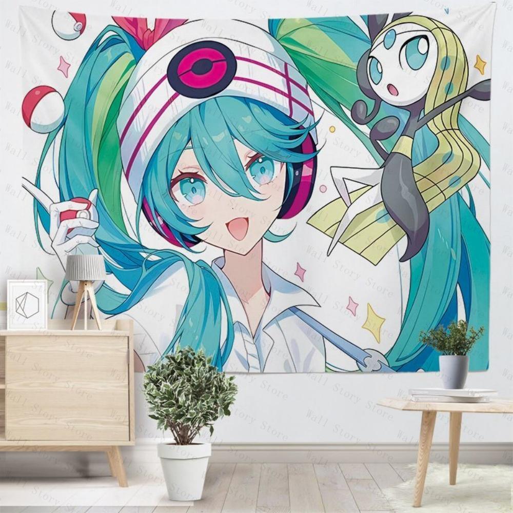 Kawaii Anime Wall Tapestry Blue Haired Idol Character Wall Art Modern Anime Room Decor Soft Fabric Tapestry Bedroom Tapestry