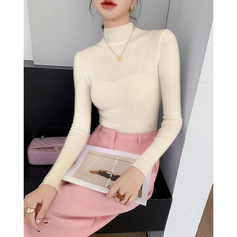 Autumn and Winter Semi High Neck Knitted Sweater Women Long Sleeve Solid Casual Base Sweaters Tops Office Lady Elegant Slim Fit Knitwear Jumper 25049
