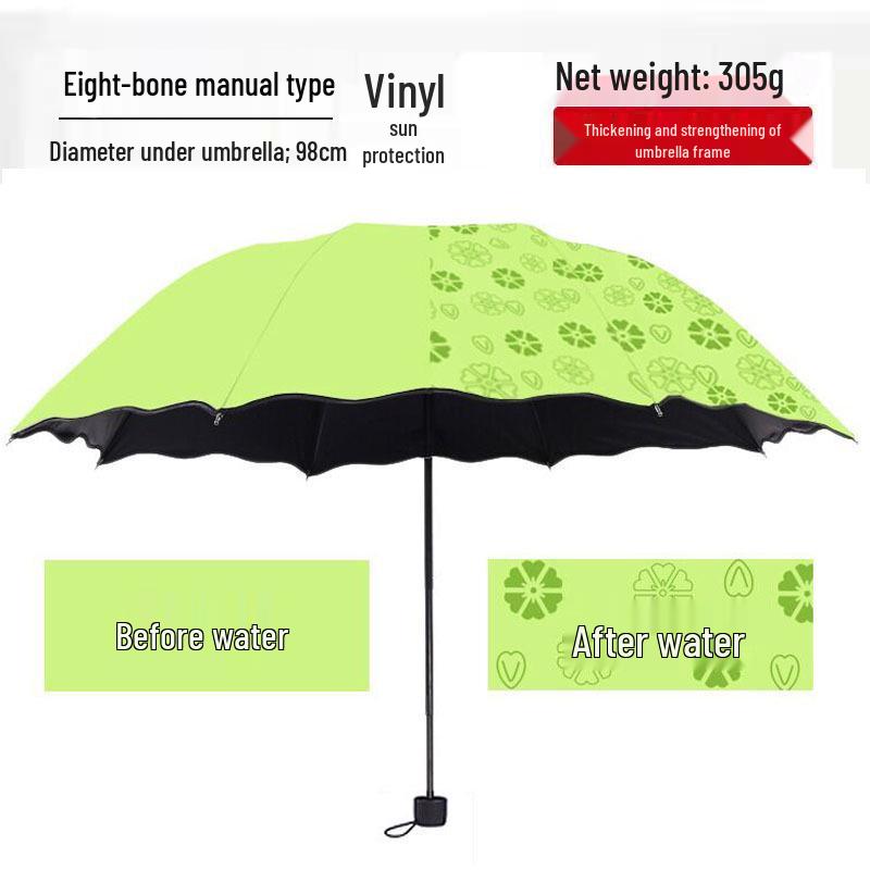 Women's Dual-Use UV Protection Umbrella: Water-Activated Blooming Design, Manual, Sun & Rain Parasol, Black Glue, Large Size.