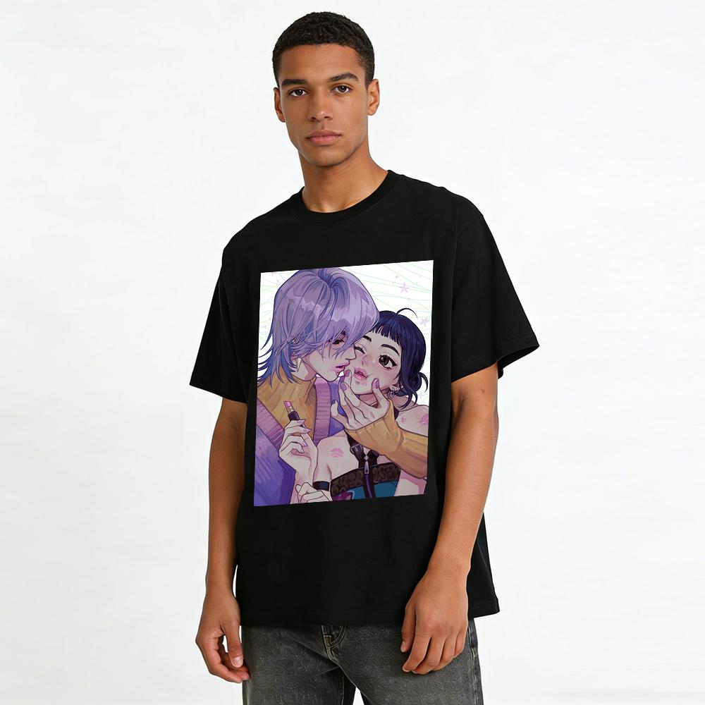 Lesbian Couple Print T-Shirt, Trendy Cool Style Casual Loose Top For Women Romantic Vibe Tee Pure Cotton T-shirt