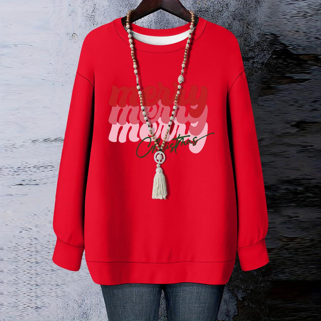 Ladies' Christmas Printed Round Neck Long Sleeved T-shirt Sweatshirt Top