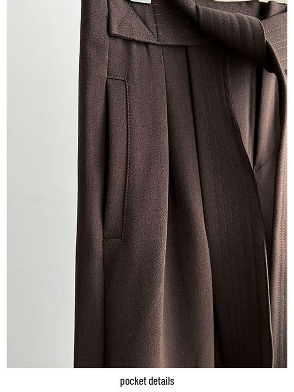 LUXI Women's Retro Lace-up Pleated Wide-Leg Pants - Autumn Casual Straight-Leg Long Trousers